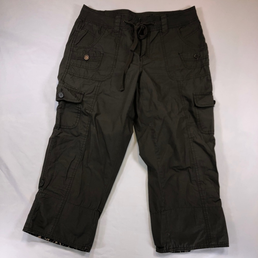 Faded Glory Womens Cargo Capri Pants Size 8 Brown Cotton Utility Crop Drawstring